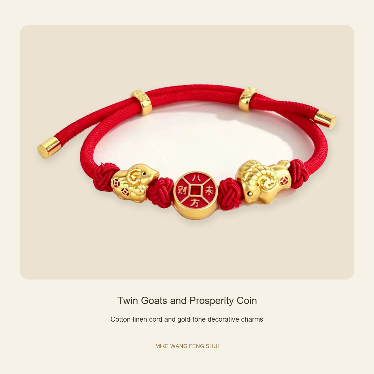 Three Goats and Lucky Symbols Red Cord Bracelet — Twin Goats and Prosperity Coin, design and material view #design_twin goats and prosperity coin
