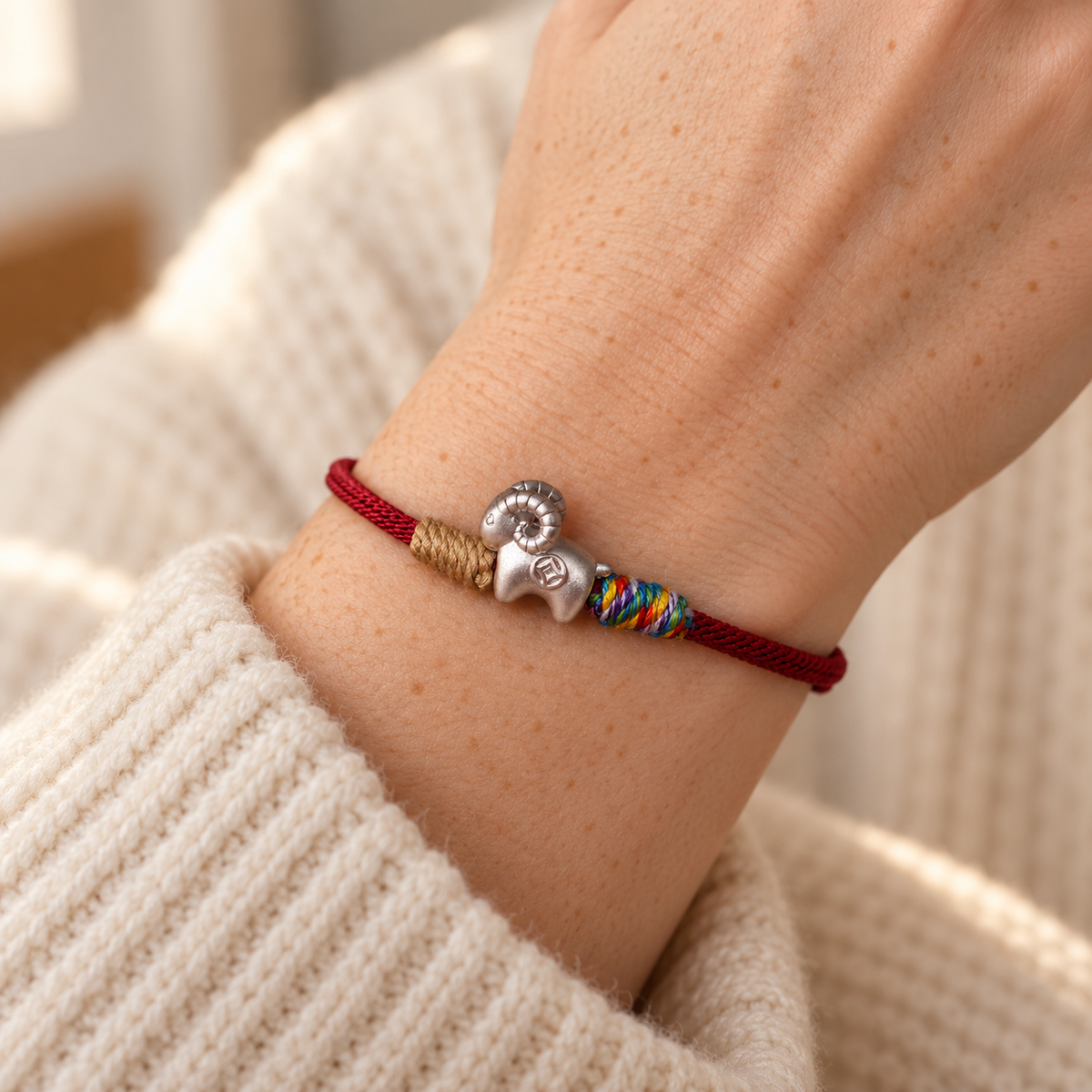 Burgundy fine silver goat bracelet worn on an adult wrist #cord color_burgundy