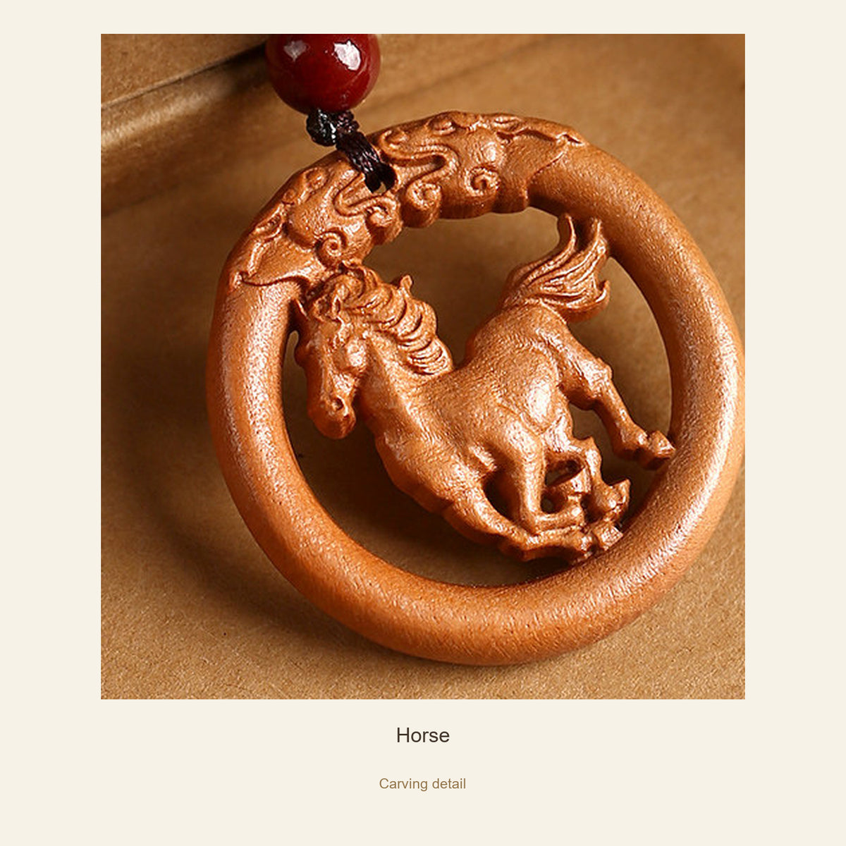 Peach Wood Round Chinese Zodiac Pendant — Horse, detail view #zodiac_horse