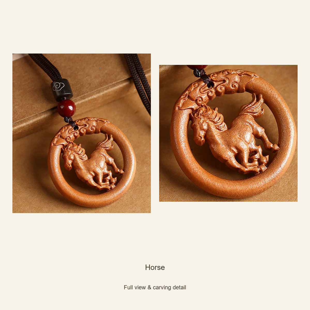 Peach Wood Round Chinese Zodiac Pendant — Horse, design and material view #zodiac_horse