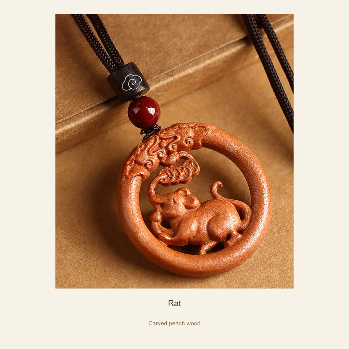 Peach Wood Round Chinese Zodiac Pendant — Rat, full design view #zodiac_rat