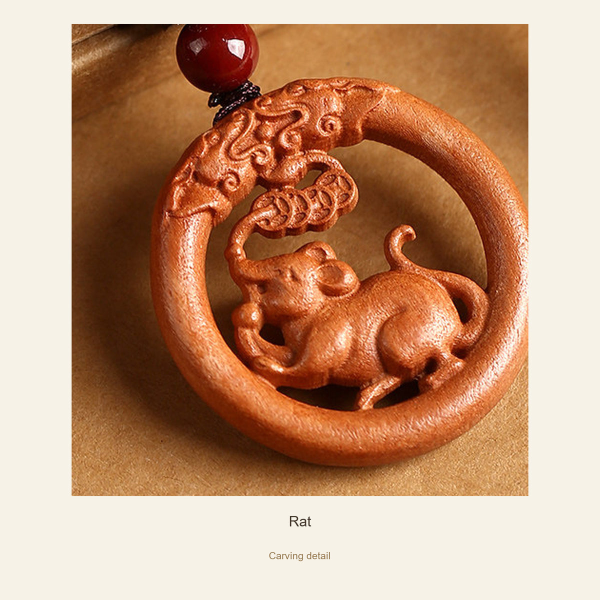 Peach Wood Round Chinese Zodiac Pendant — Rat, detail view #zodiac_rat