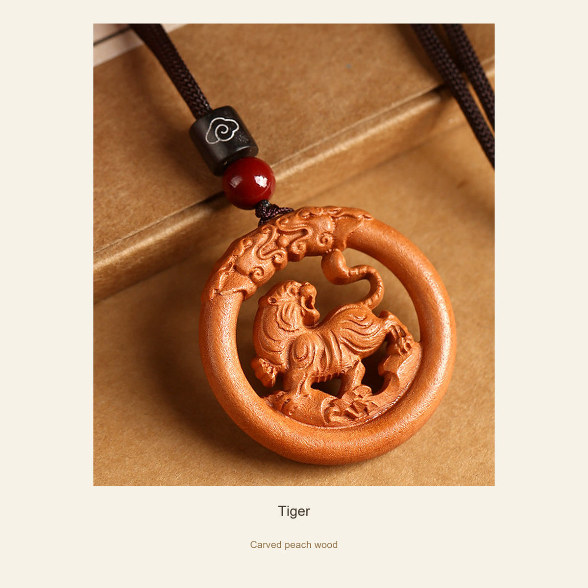 Peach Wood Round Chinese Zodiac Pendant — Tiger, full design view #zodiac_tiger