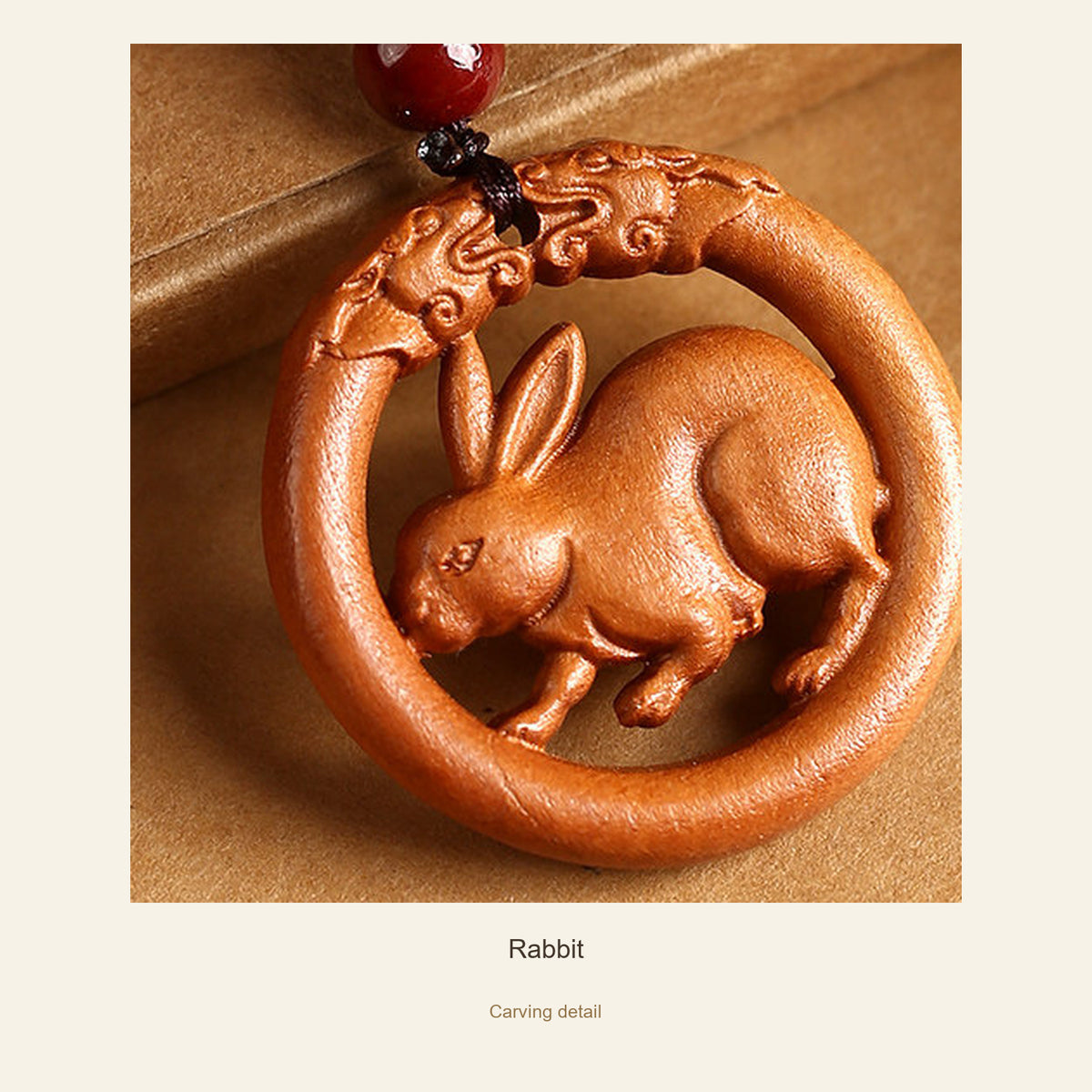 Peach Wood Round Chinese Zodiac Pendant — Rabbit, detail view #zodiac_rabbit