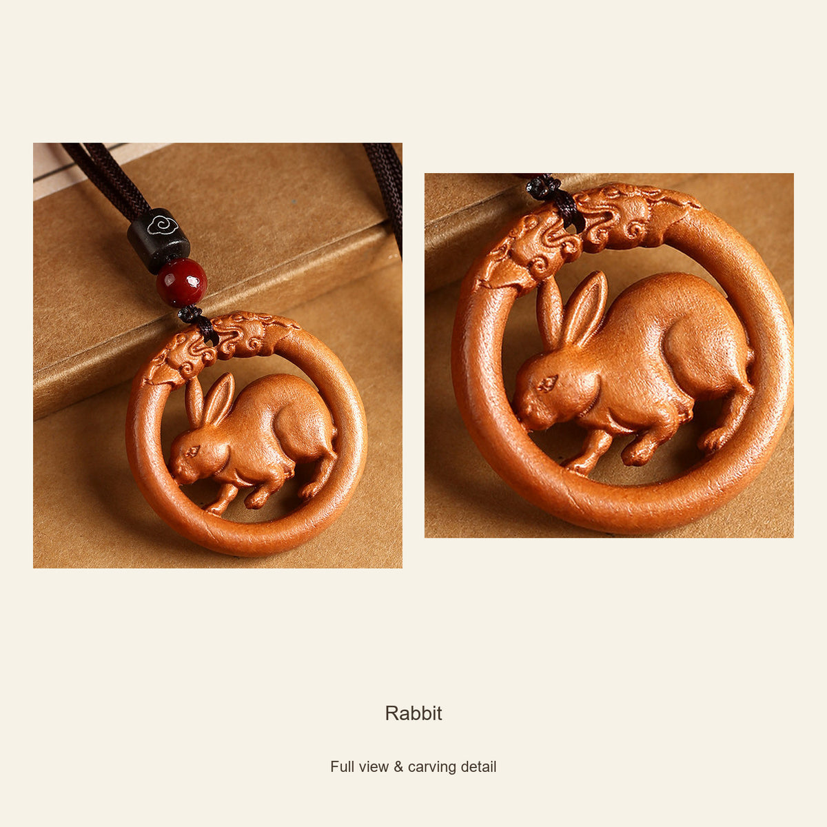 Peach Wood Round Chinese Zodiac Pendant — Rabbit, design and material view #zodiac_rabbit