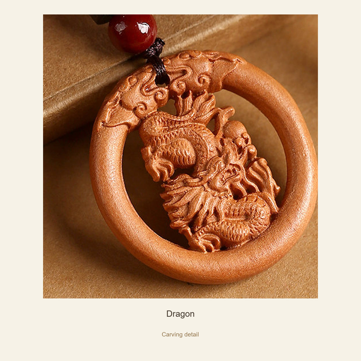 Peach Wood Round Chinese Zodiac Pendant — Dragon, detail view #zodiac_dragon