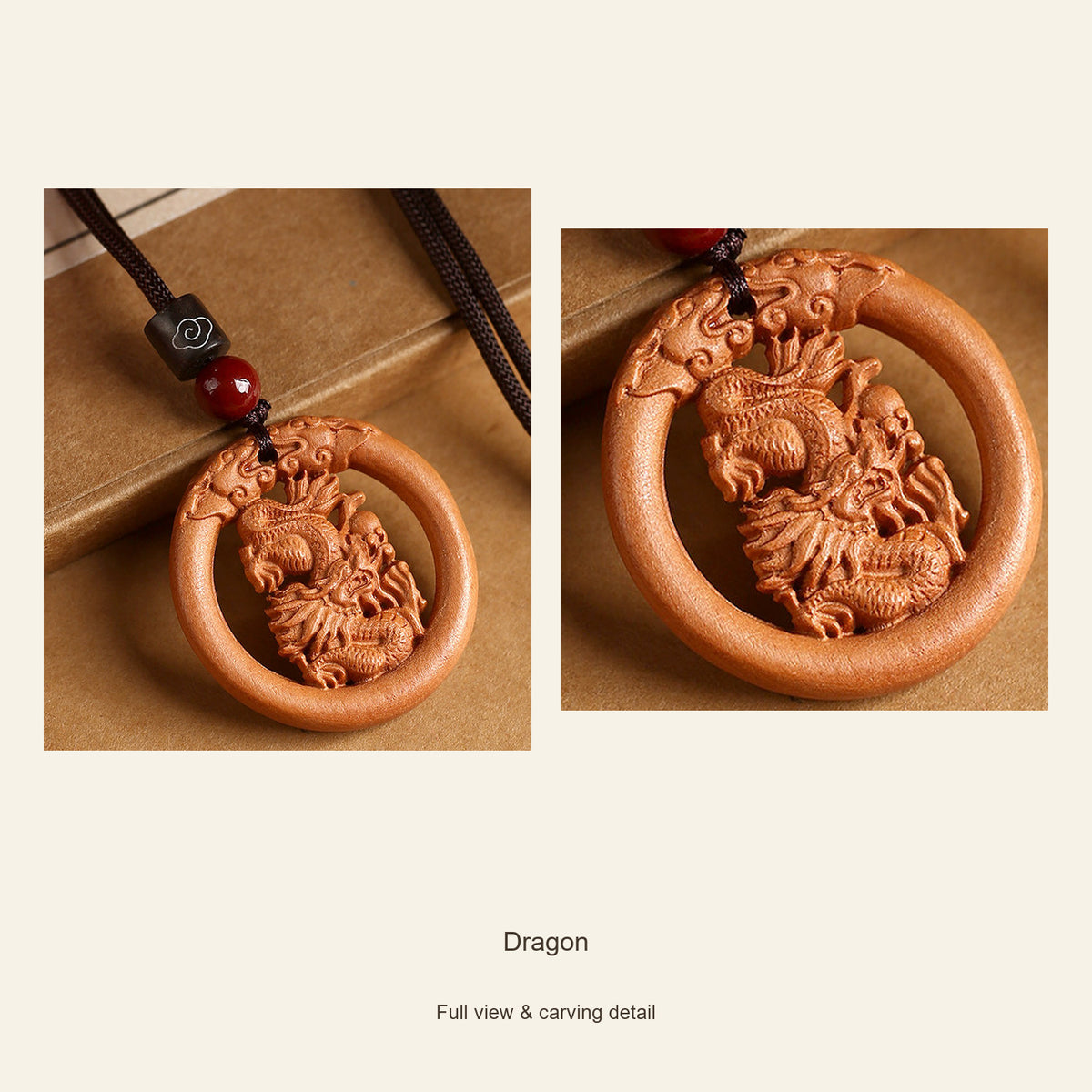 Peach Wood Round Chinese Zodiac Pendant — Dragon, design and material view #zodiac_dragon