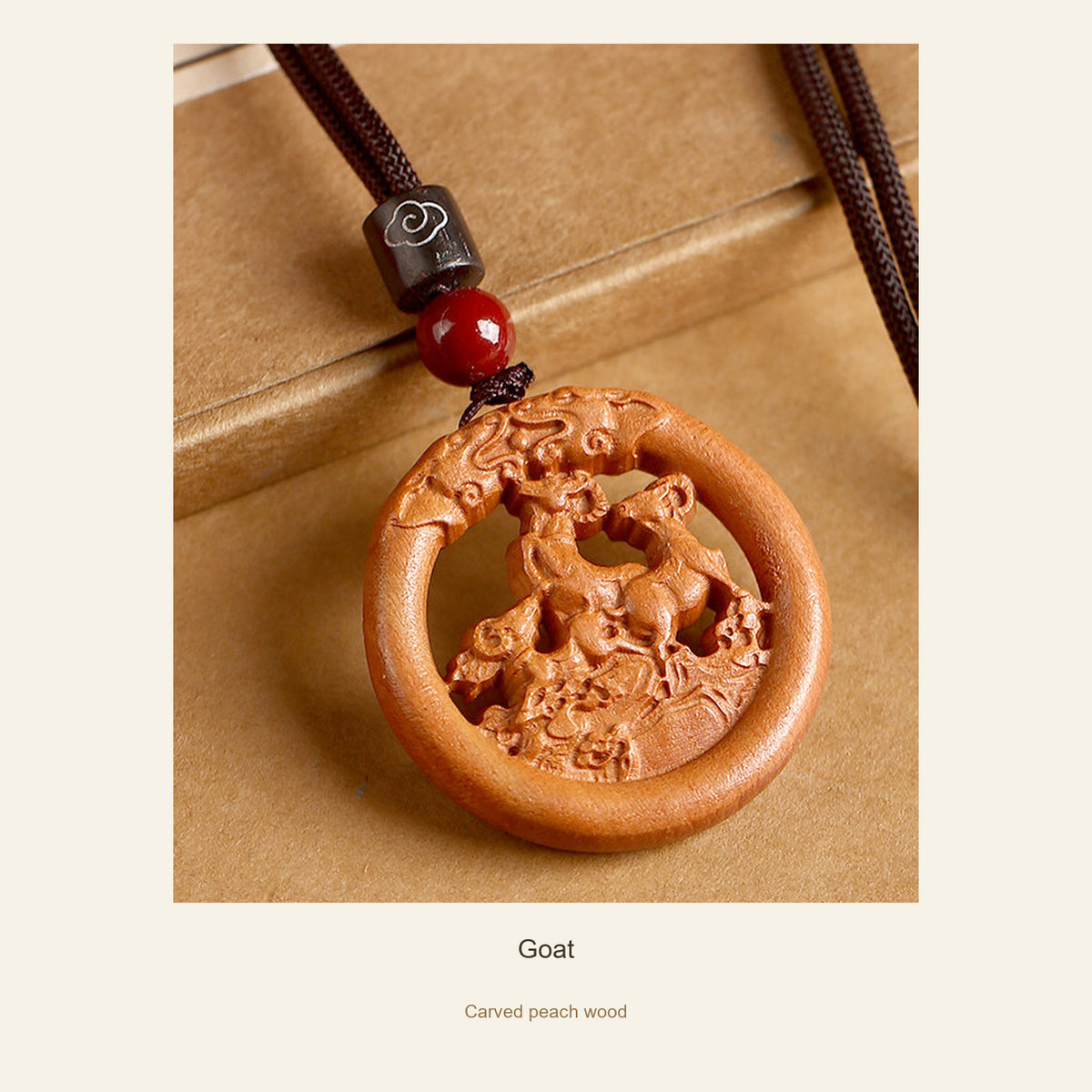 Peach Wood Round Chinese Zodiac Pendant — Goat, full design view #zodiac_goat