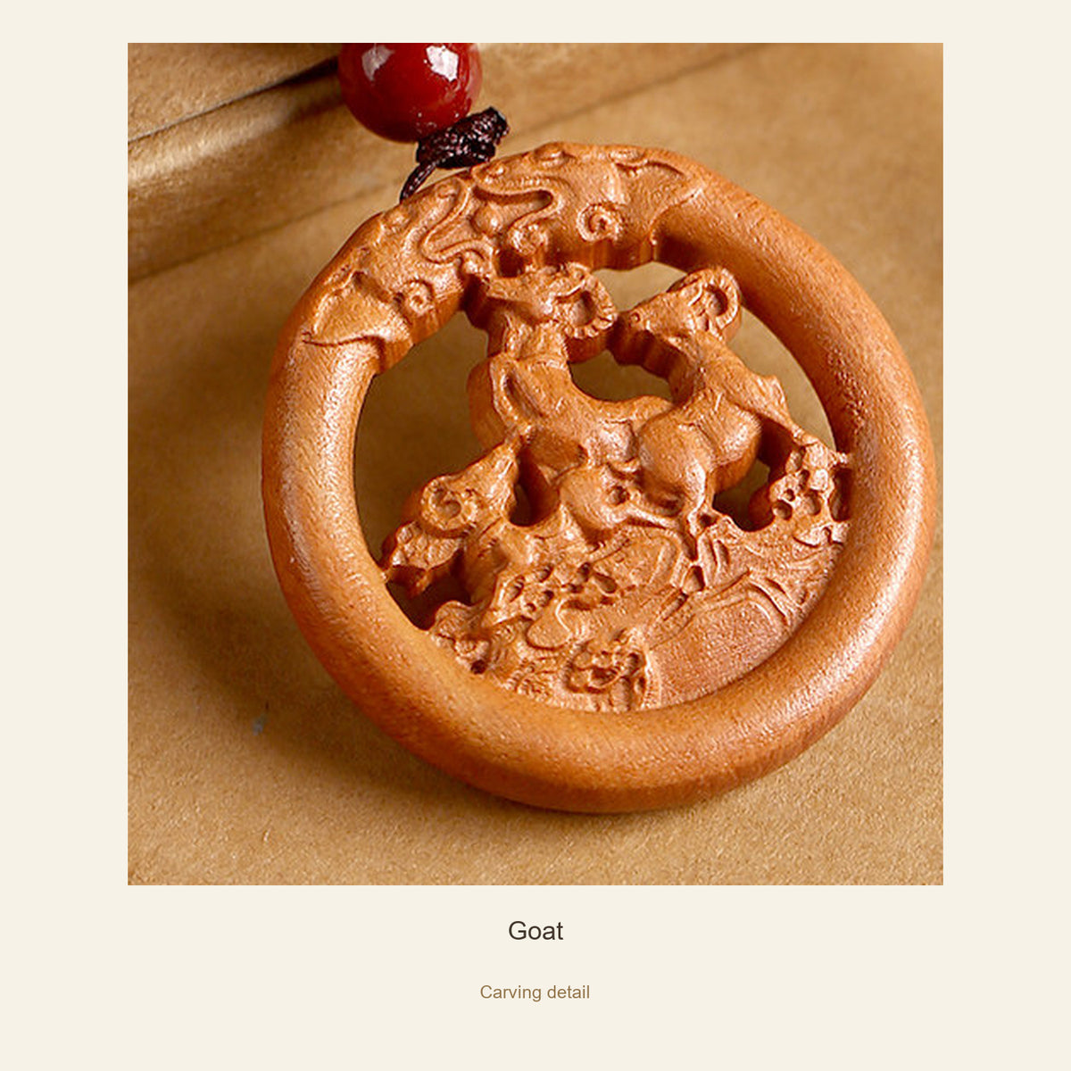 Peach Wood Round Chinese Zodiac Pendant — Goat, detail view #zodiac_goat