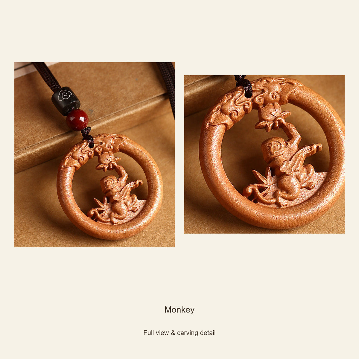 Peach Wood Round Chinese Zodiac Pendant — Monkey, design and material view #zodiac_monkey