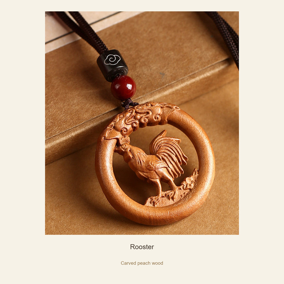 Peach Wood Round Chinese Zodiac Pendant — Rooster, full design view #zodiac_rooster