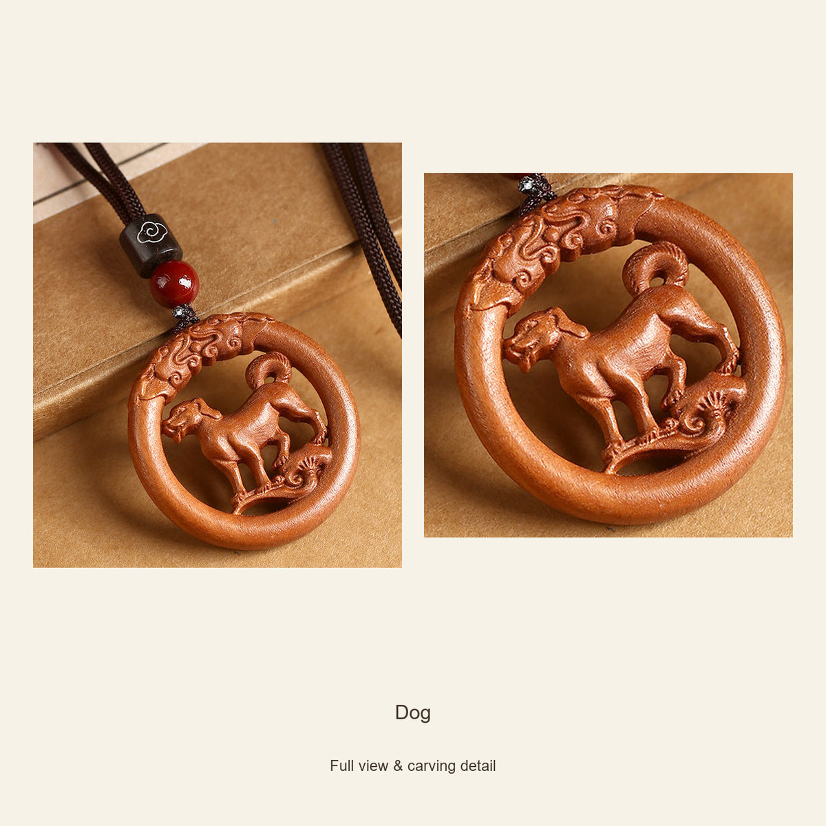 Peach Wood Round Chinese Zodiac Pendant — Dog, design and material view #zodiac_dog