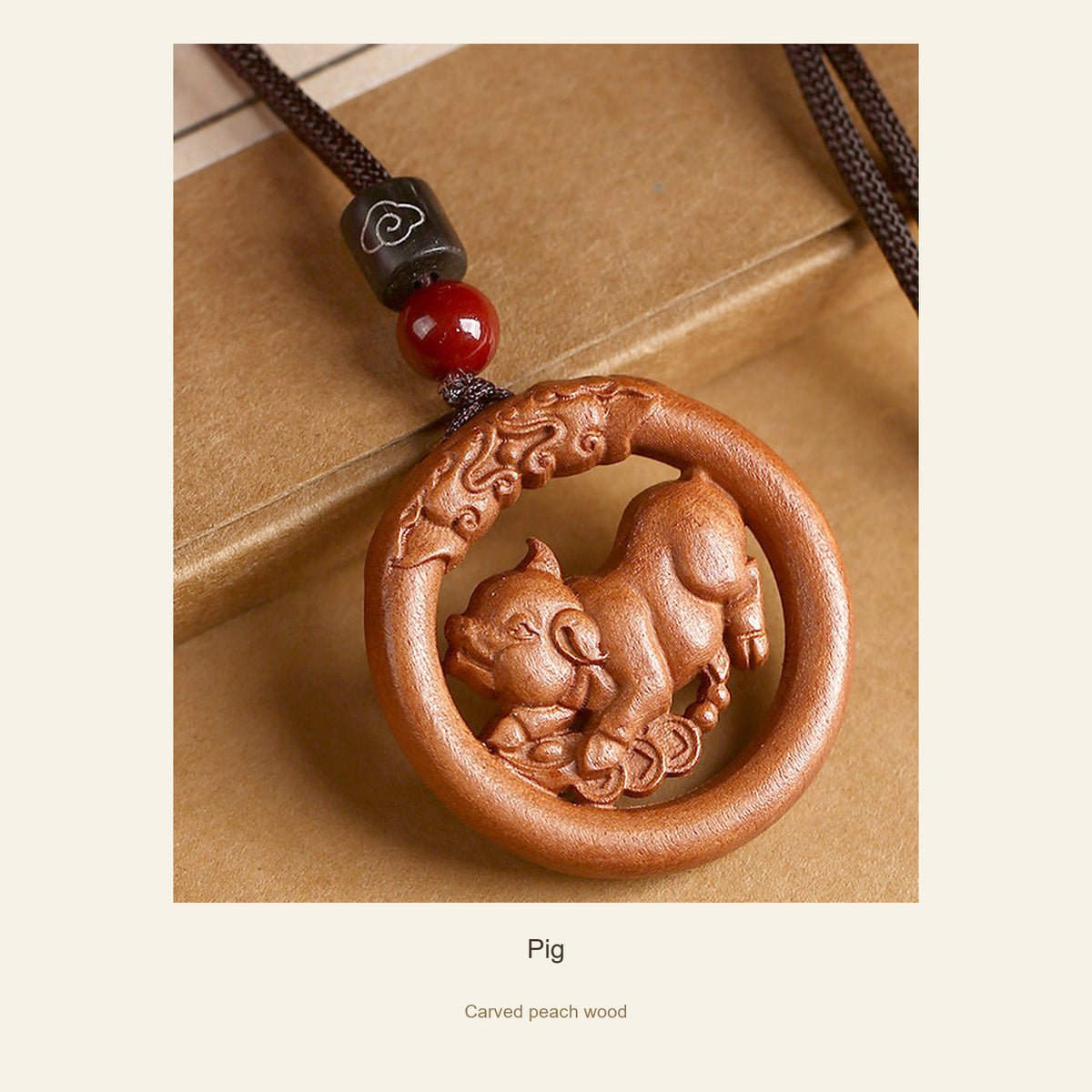 Peach Wood Round Chinese Zodiac Pendant — Pig, full design view #zodiac_pig