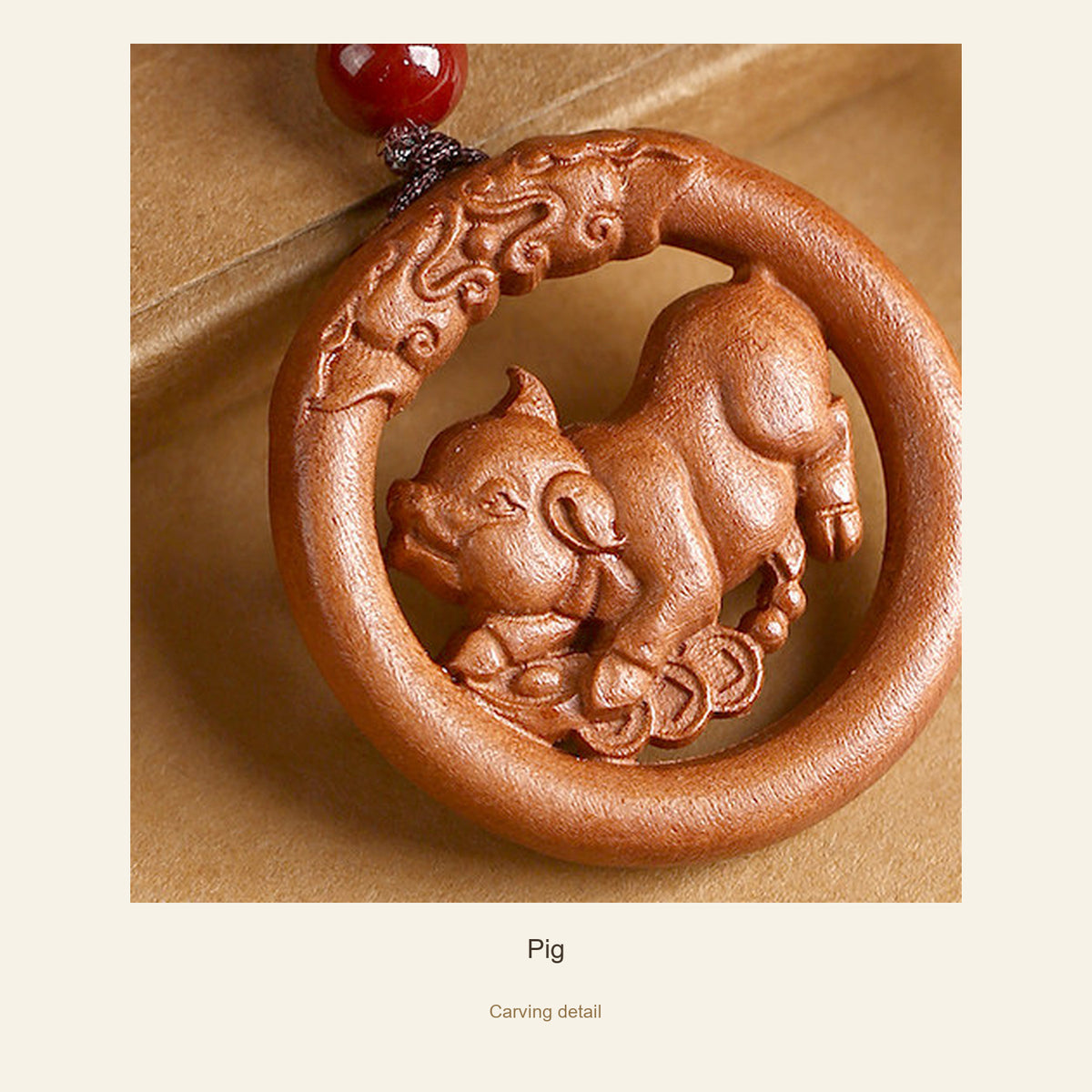 Peach Wood Round Chinese Zodiac Pendant — Pig, detail view #zodiac_pig