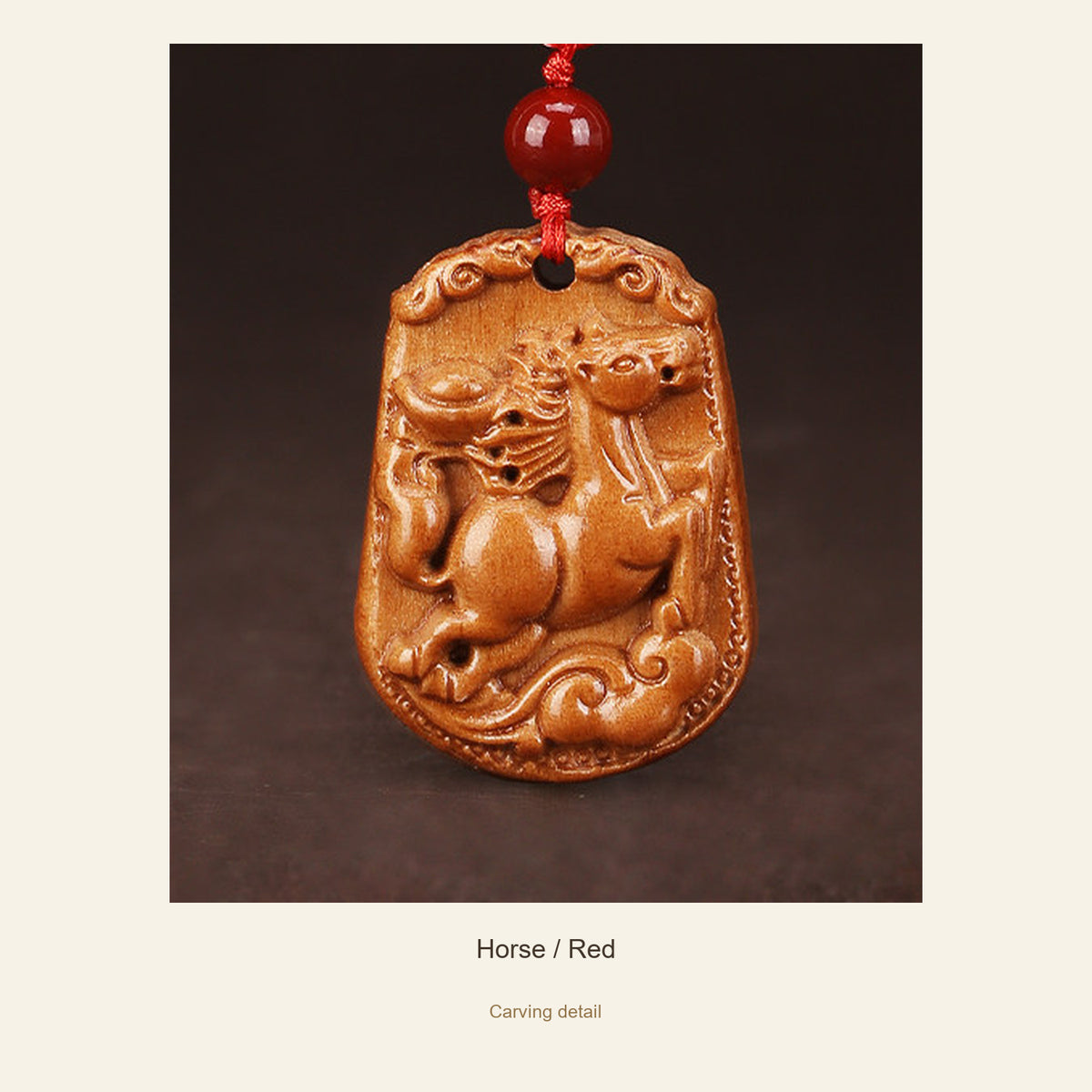 Peach Wood Chinese Zodiac Relief Necklace — Horse / Red, detail view #zodiac_horse