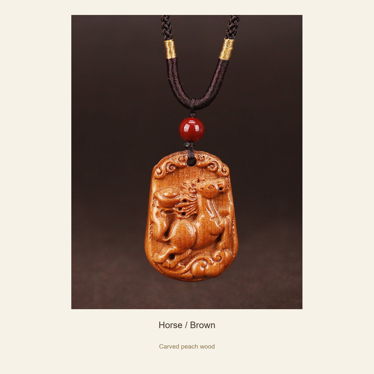 Peach Wood Chinese Zodiac Relief Necklace — Horse / Brown, full design view #zodiac_horse