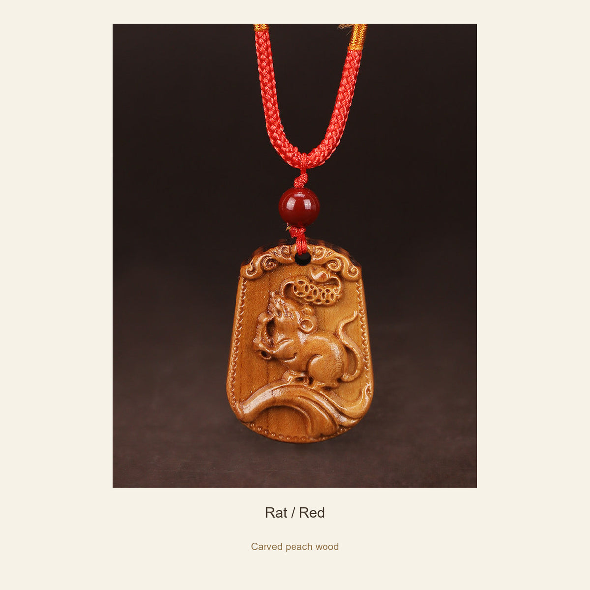 Peach Wood Chinese Zodiac Relief Necklace — Rat / Red, full design view #zodiac_rat