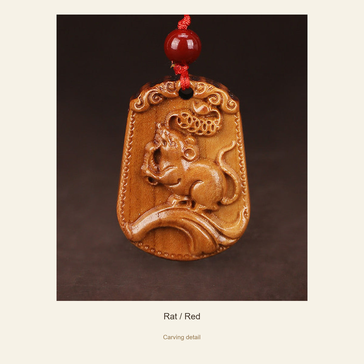 Peach Wood Chinese Zodiac Relief Necklace — Rat / Red, detail view #zodiac_rat