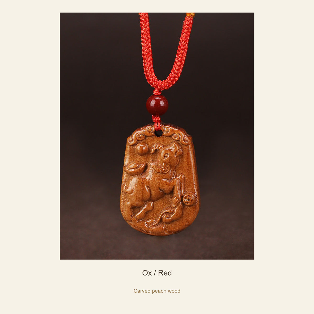 Peach Wood Chinese Zodiac Relief Necklace — Ox / Red, full design view #zodiac_ox