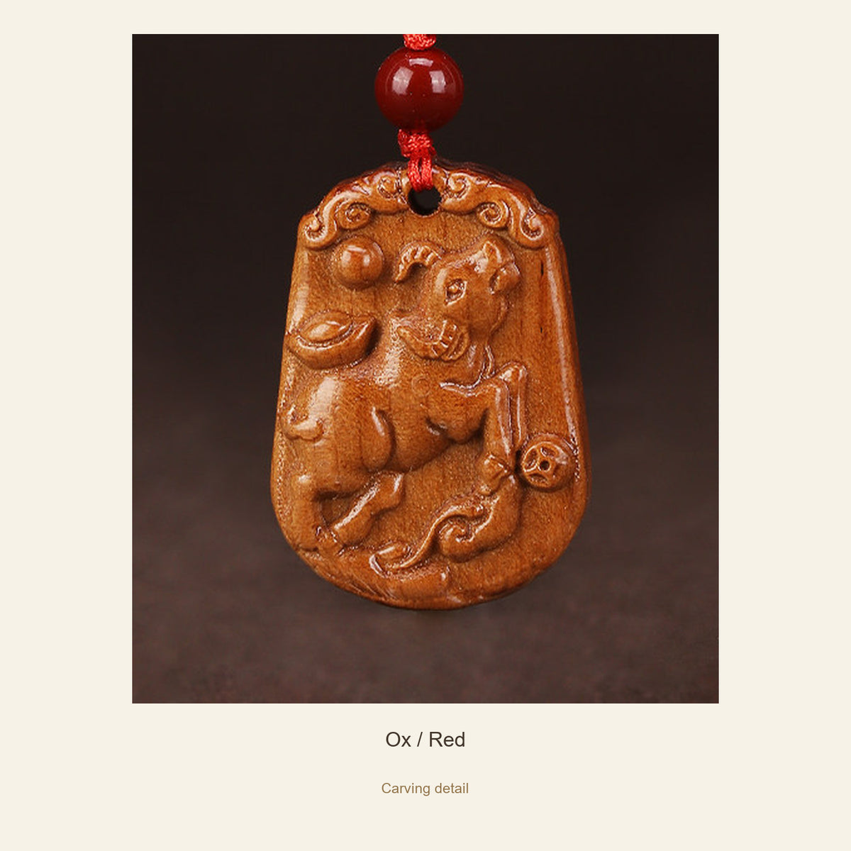 Peach Wood Chinese Zodiac Relief Necklace — Ox / Red, detail view #zodiac_ox