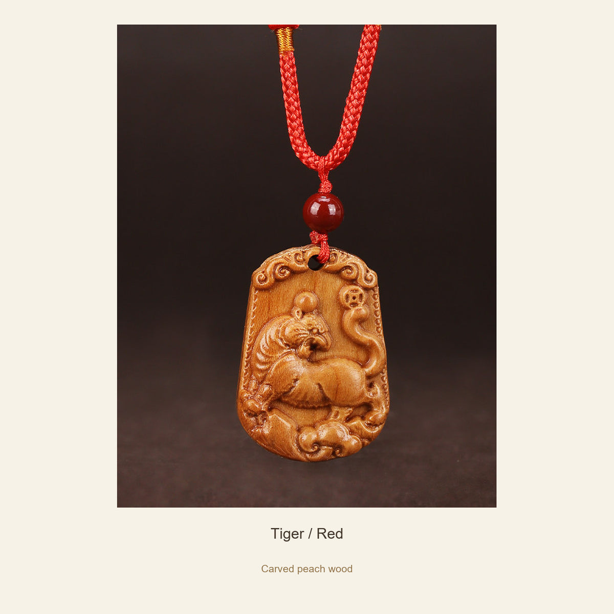 Peach Wood Chinese Zodiac Relief Necklace — Tiger / Red, full design view #zodiac_tiger