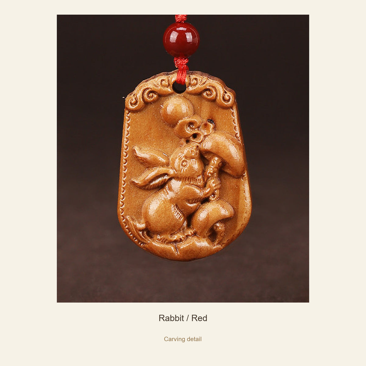 Peach Wood Chinese Zodiac Relief Necklace — Rabbit / Red, detail view #zodiac_rabbit