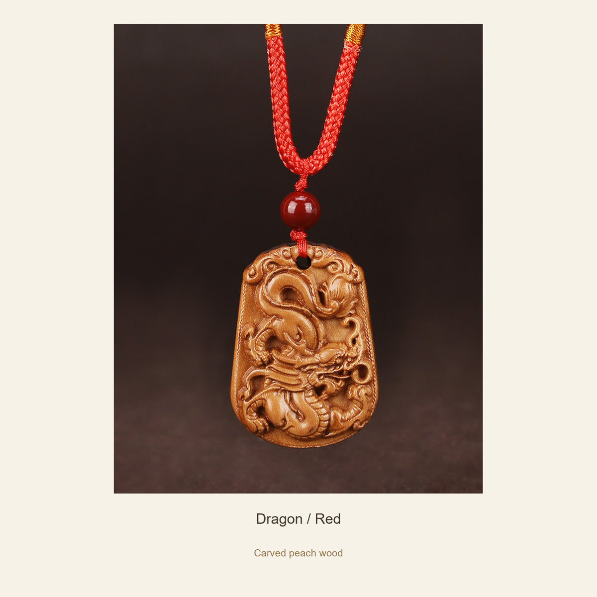 Peach Wood Chinese Zodiac Relief Necklace — Dragon / Red, full design view #zodiac_dragon
