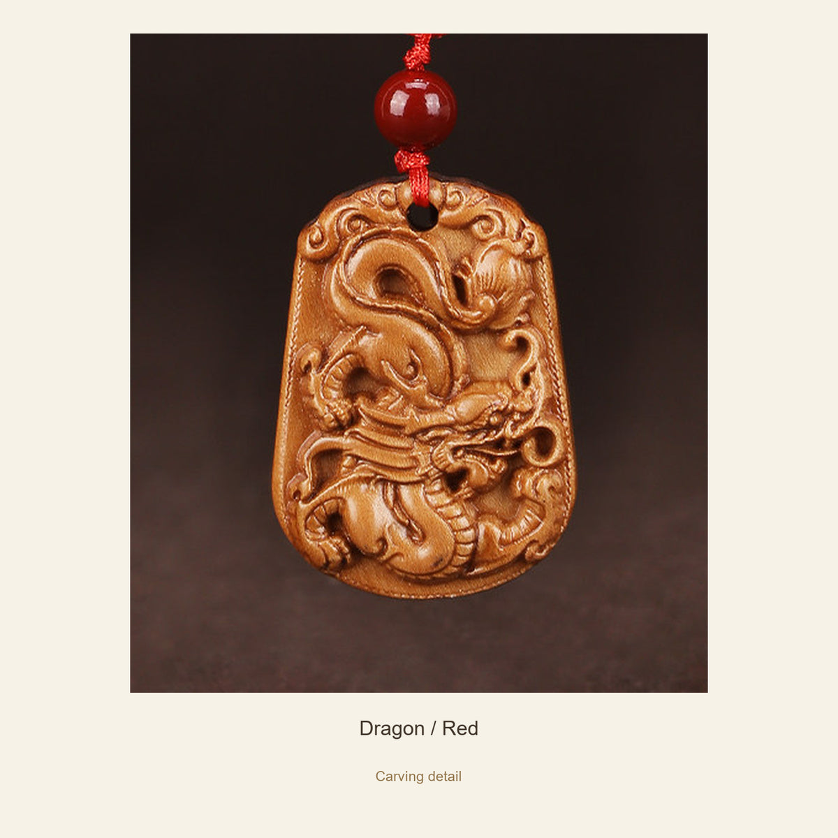 Peach Wood Chinese Zodiac Relief Necklace — Dragon / Red, detail view #zodiac_dragon