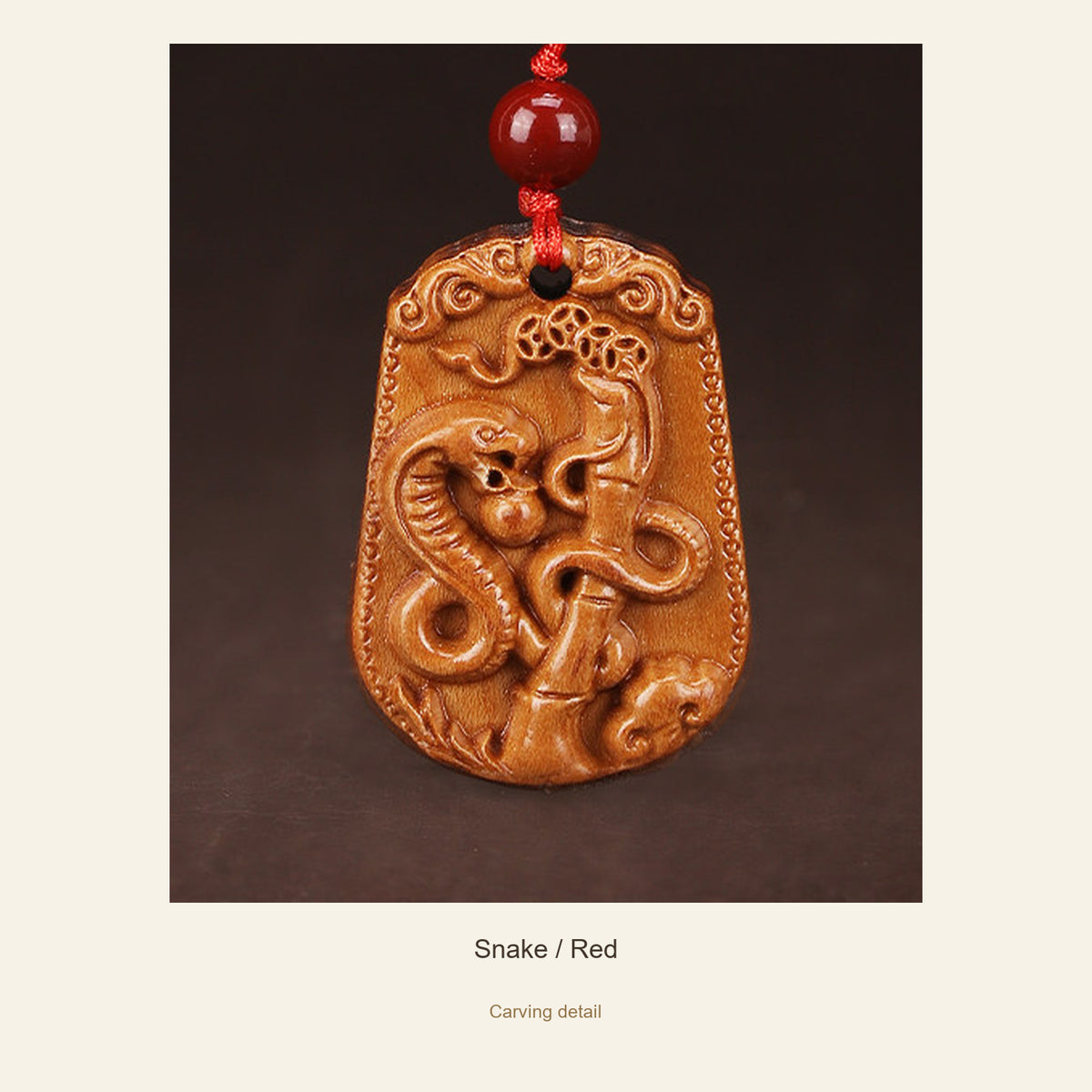 Peach Wood Chinese Zodiac Relief Necklace — Snake / Red, detail view #zodiac_snake