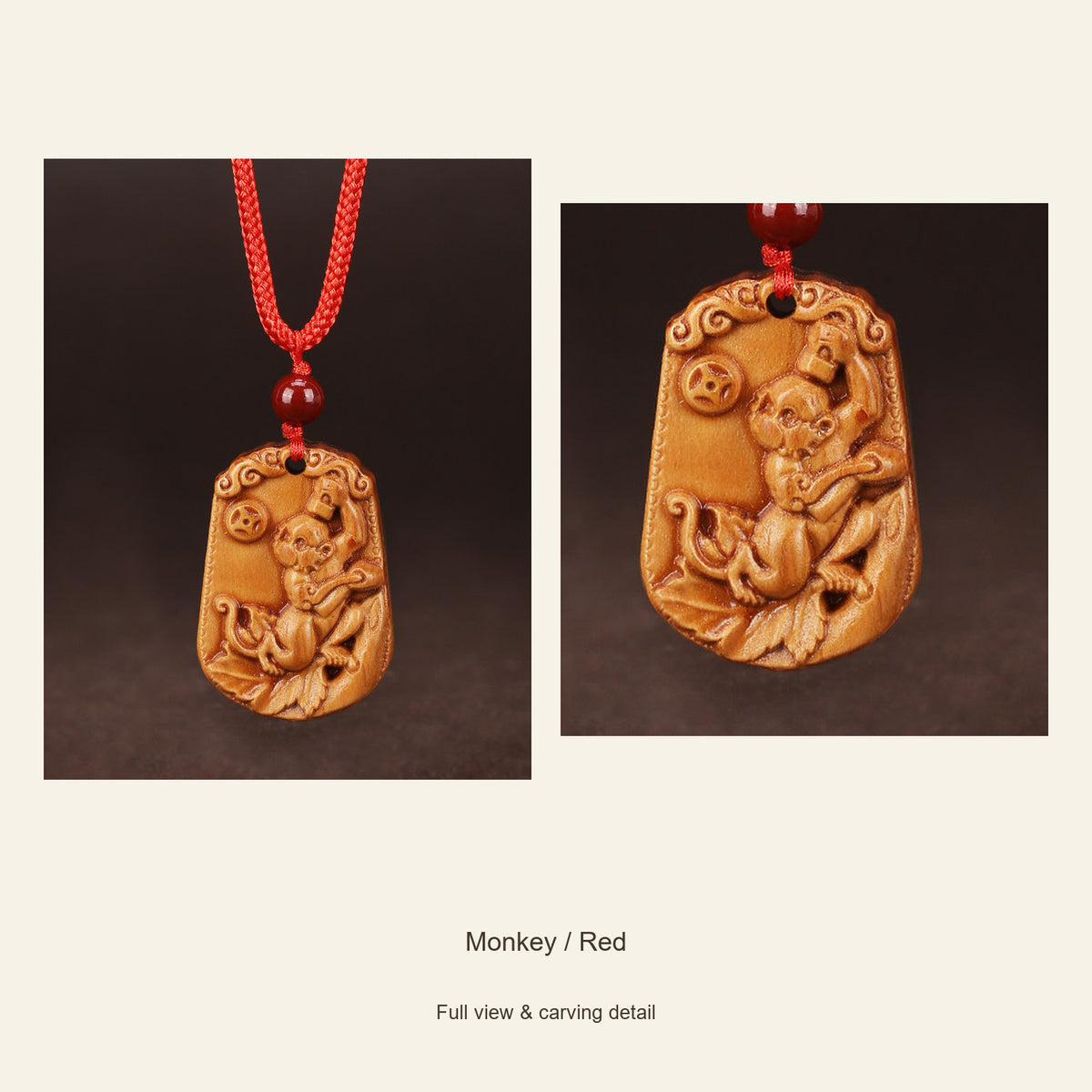 Peach Wood Chinese Zodiac Relief Necklace — Monkey / Red, design and material view #zodiac_monkey