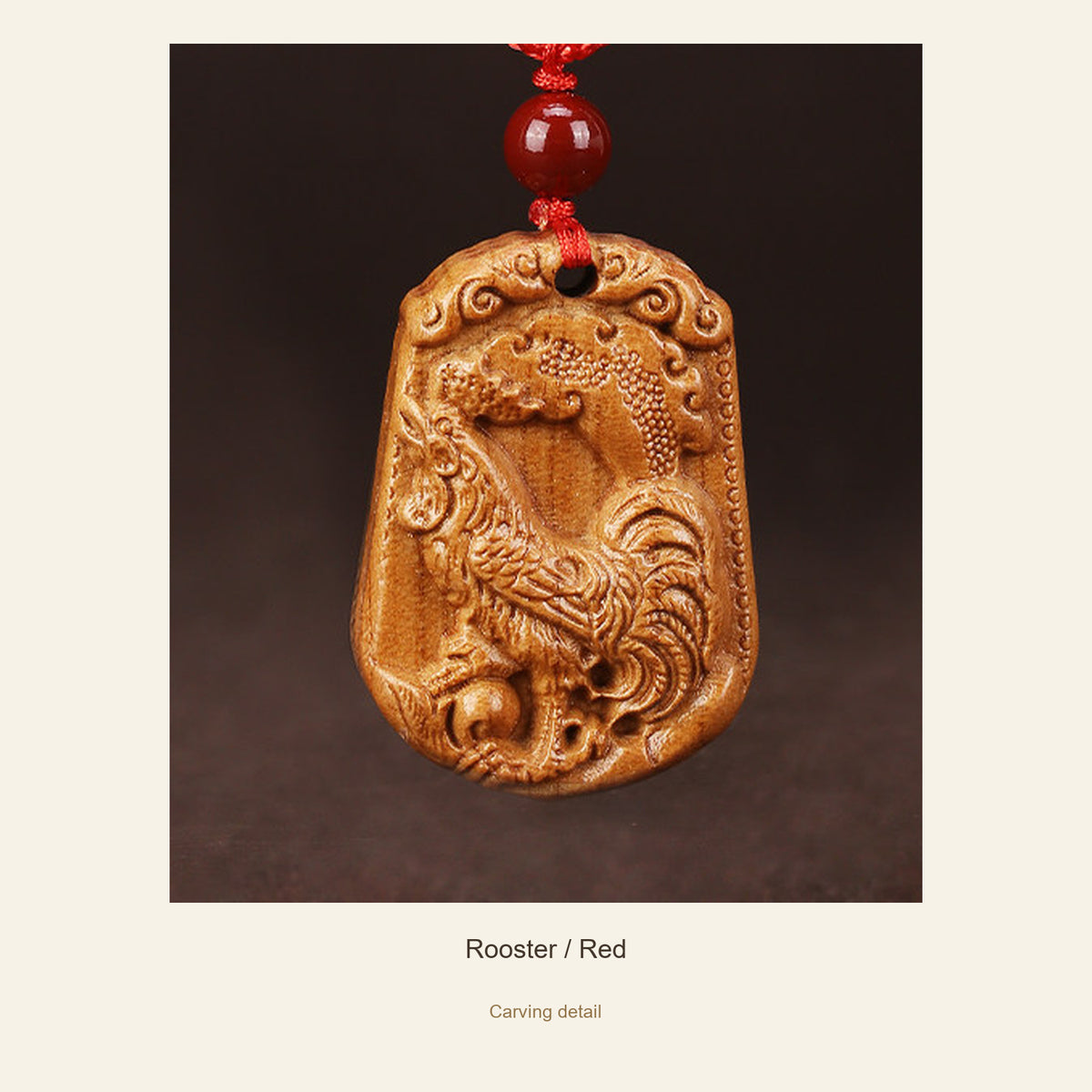 Peach Wood Chinese Zodiac Relief Necklace — Rooster / Red, detail view #zodiac_rooster