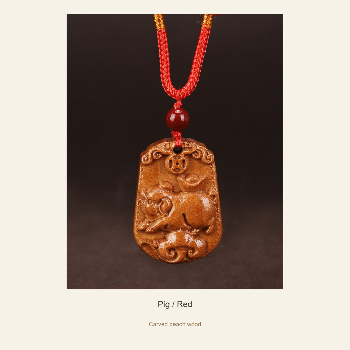 Peach Wood Chinese Zodiac Relief Necklace — Pig / Red, full design view #zodiac_pig