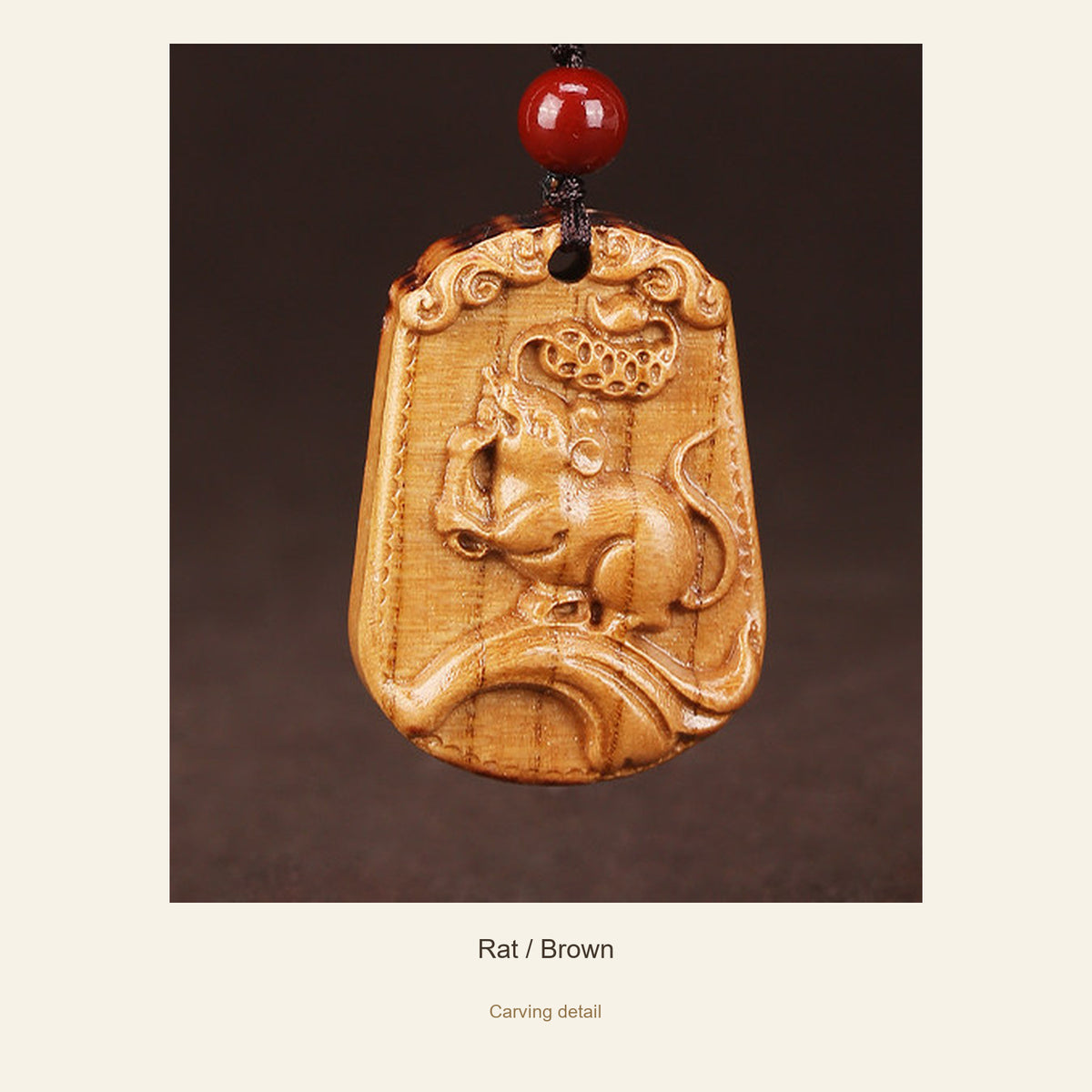 Peach Wood Chinese Zodiac Relief Necklace — Rat / Brown, detail view #zodiac_rat