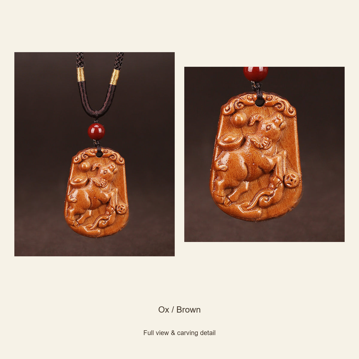 Peach Wood Chinese Zodiac Relief Necklace — Ox / Brown, design and material view #zodiac_ox