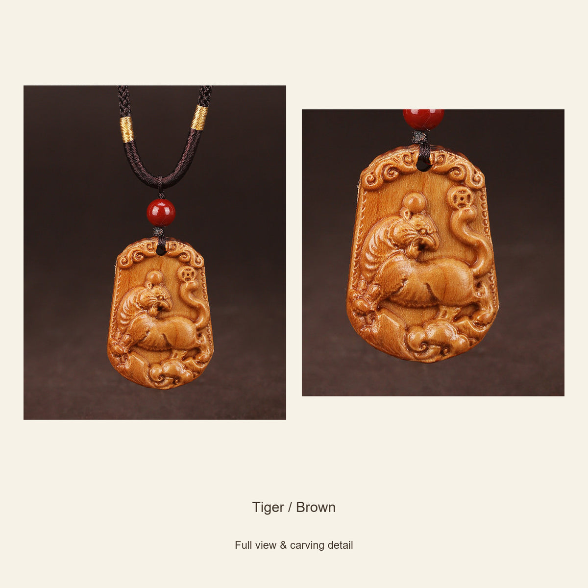 Peach Wood Chinese Zodiac Relief Necklace — Tiger / Brown, design and material view #zodiac_tiger