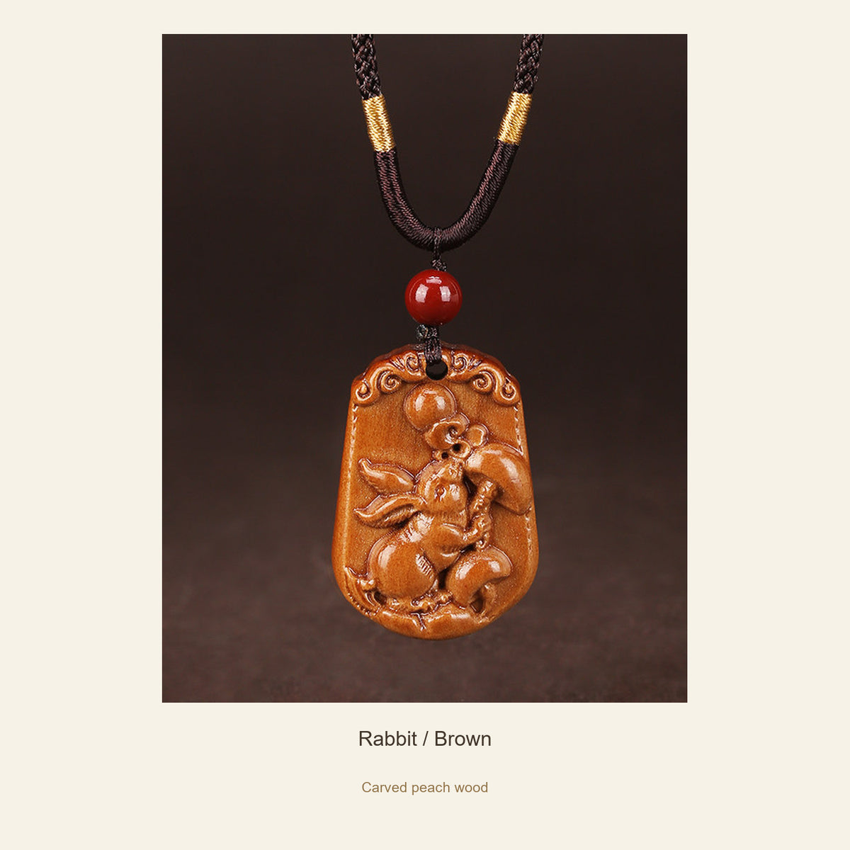 Peach Wood Chinese Zodiac Relief Necklace — Rabbit / Brown, full design view #zodiac_rabbit