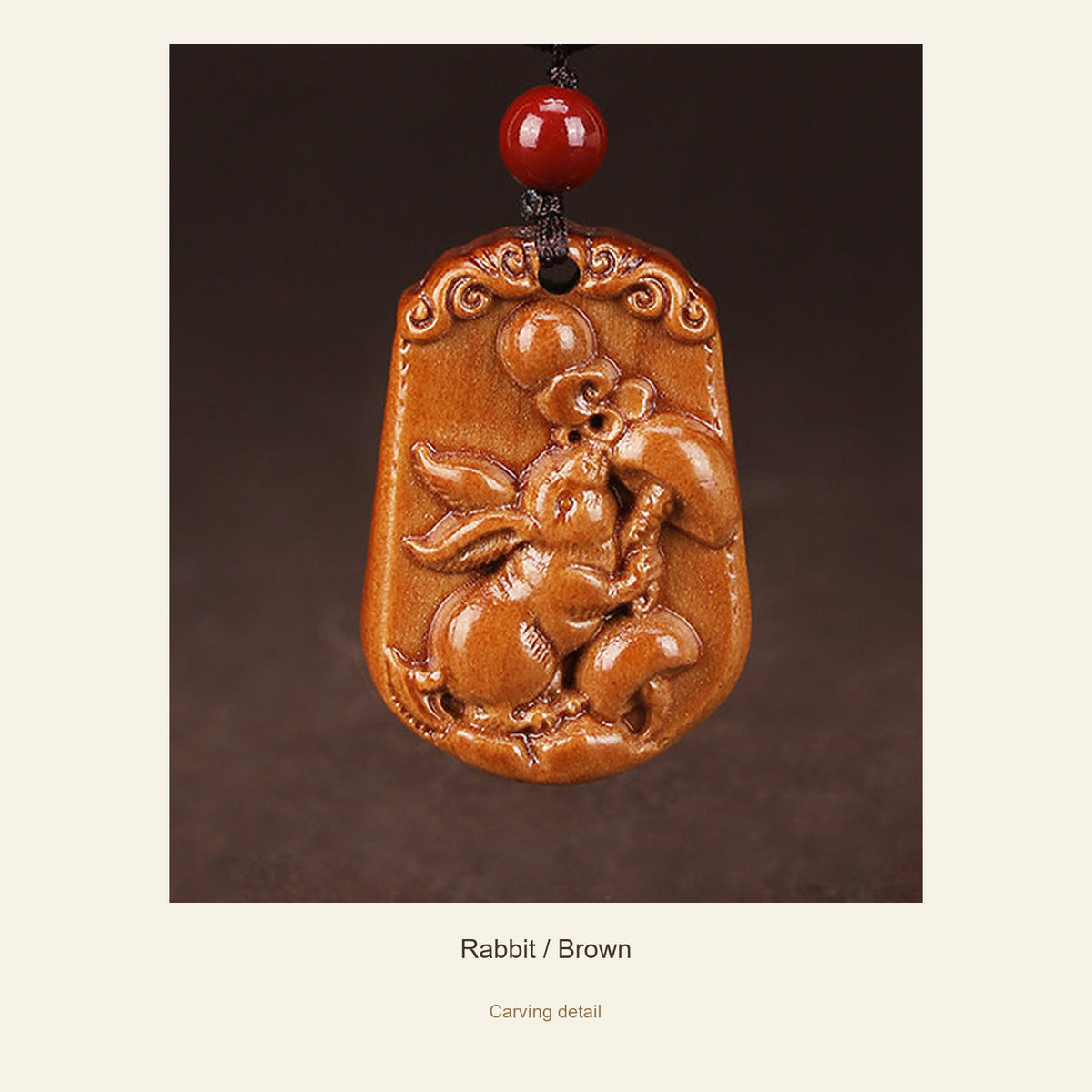 Peach Wood Chinese Zodiac Relief Necklace — Rabbit / Brown, detail view #zodiac_rabbit