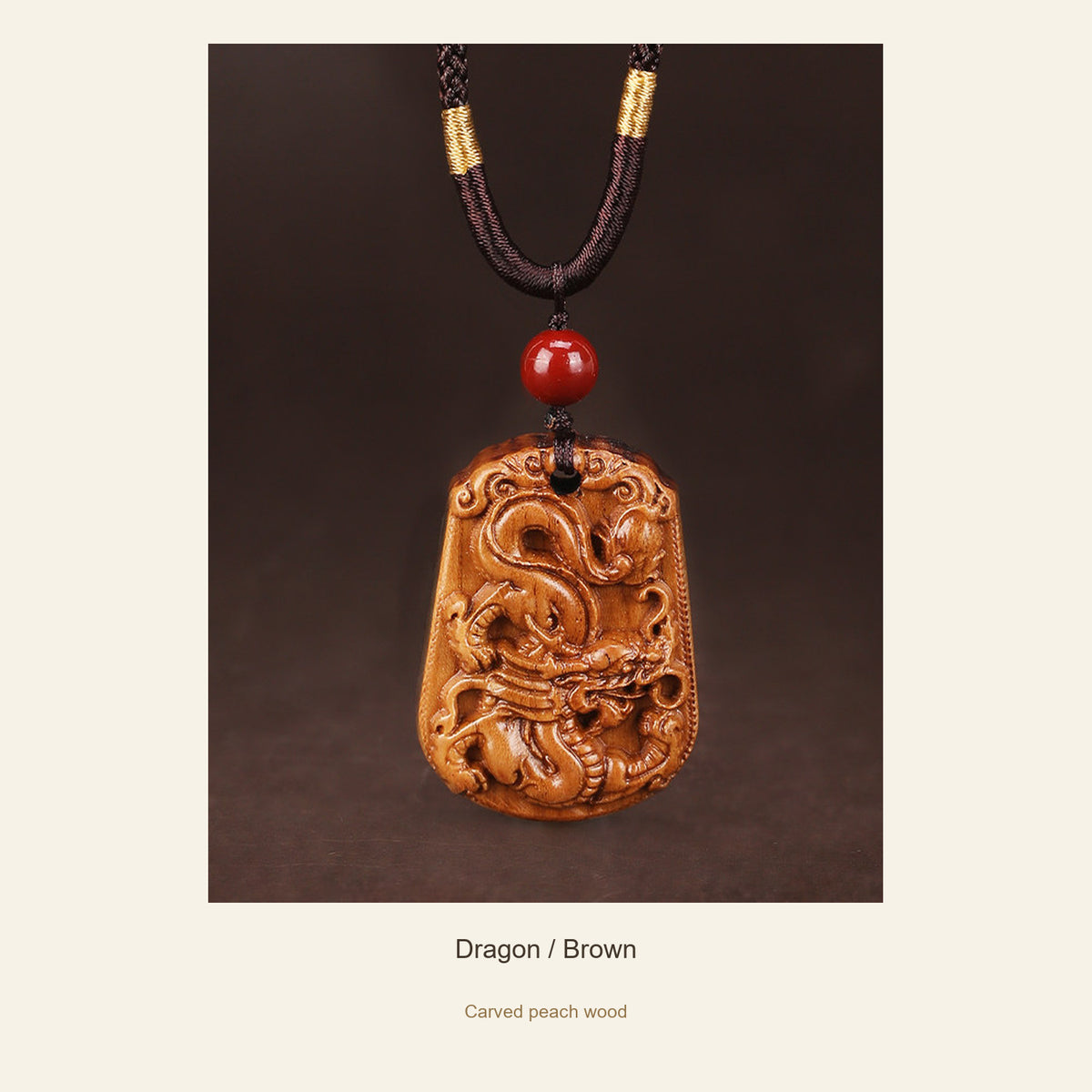 Peach Wood Chinese Zodiac Relief Necklace — Dragon / Brown, full design view #zodiac_dragon