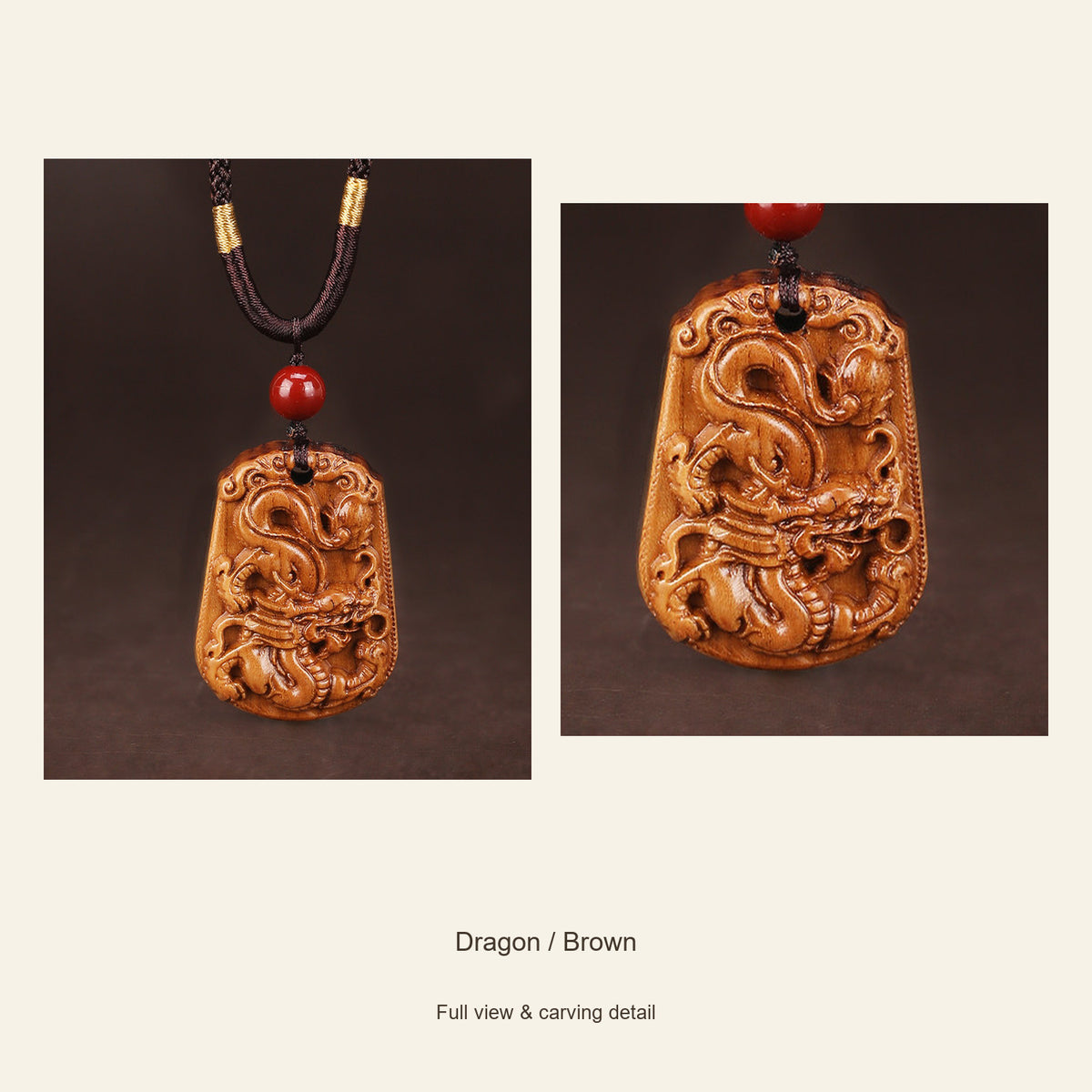 Peach Wood Chinese Zodiac Relief Necklace — Dragon / Brown, design and material view #zodiac_dragon