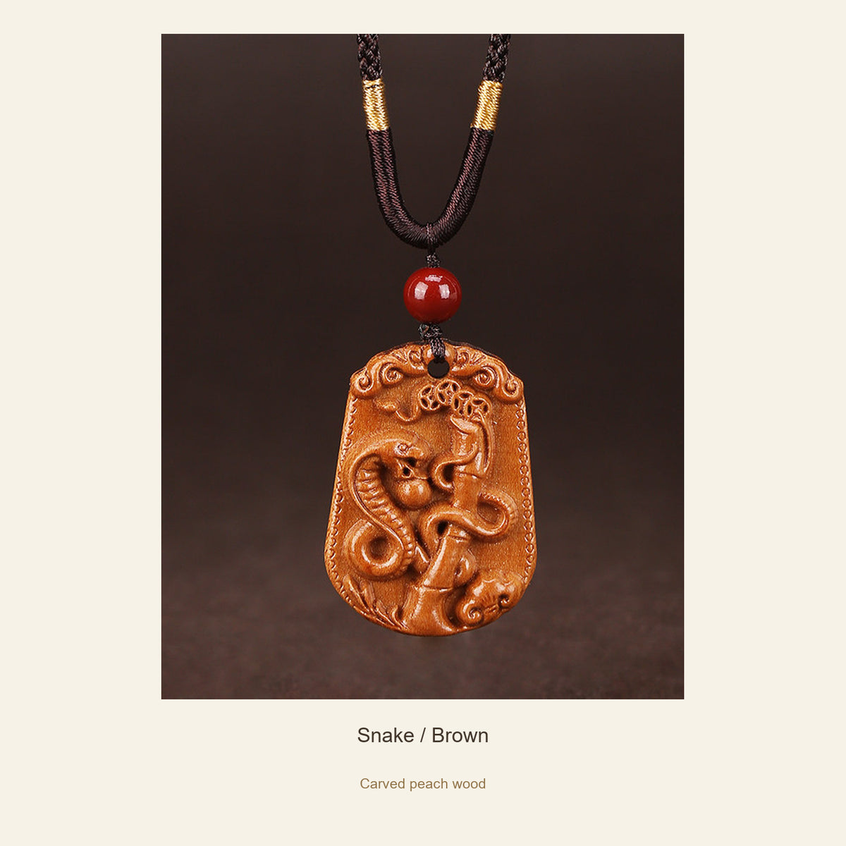 Peach Wood Chinese Zodiac Relief Necklace — Snake / Brown, full design view #zodiac_snake