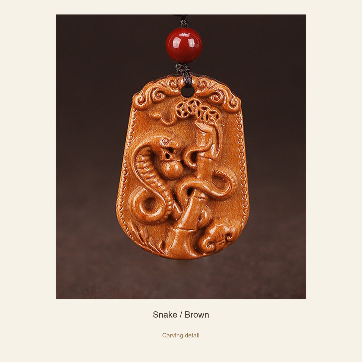 Peach Wood Chinese Zodiac Relief Necklace — Snake / Brown, detail view #zodiac_snake