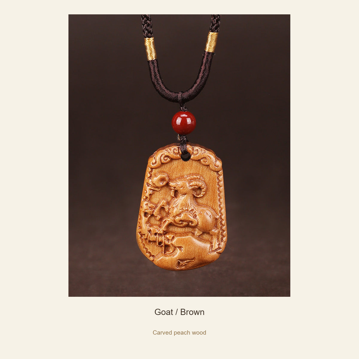 Peach Wood Chinese Zodiac Relief Necklace — Goat / Brown, full design view #zodiac_goat