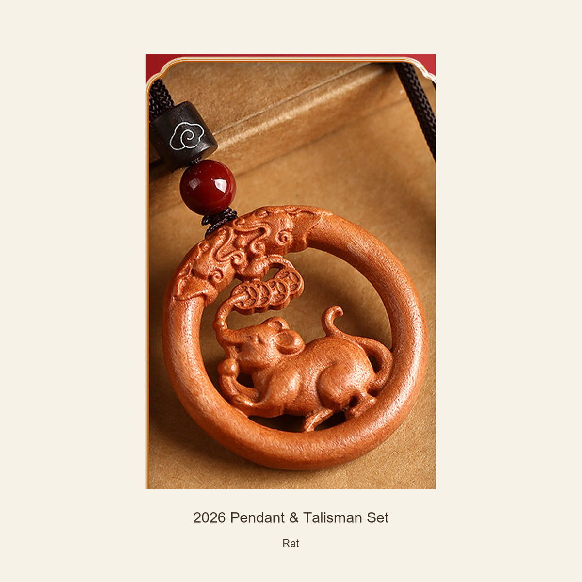 2026 Zodiac Peach Wood Pendant and Talisman Set — Rat, detail view #zodiac_rat
