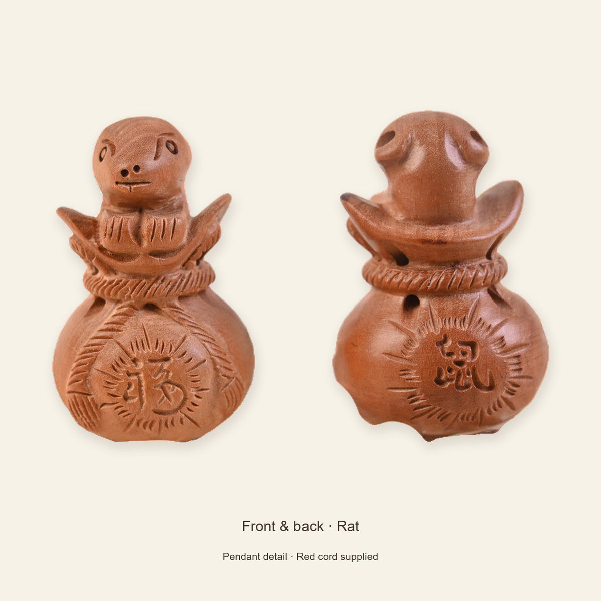 Peach Wood Zodiac Fortune Bag Necklace — Rat / Red, design and material view #zodiac_rat