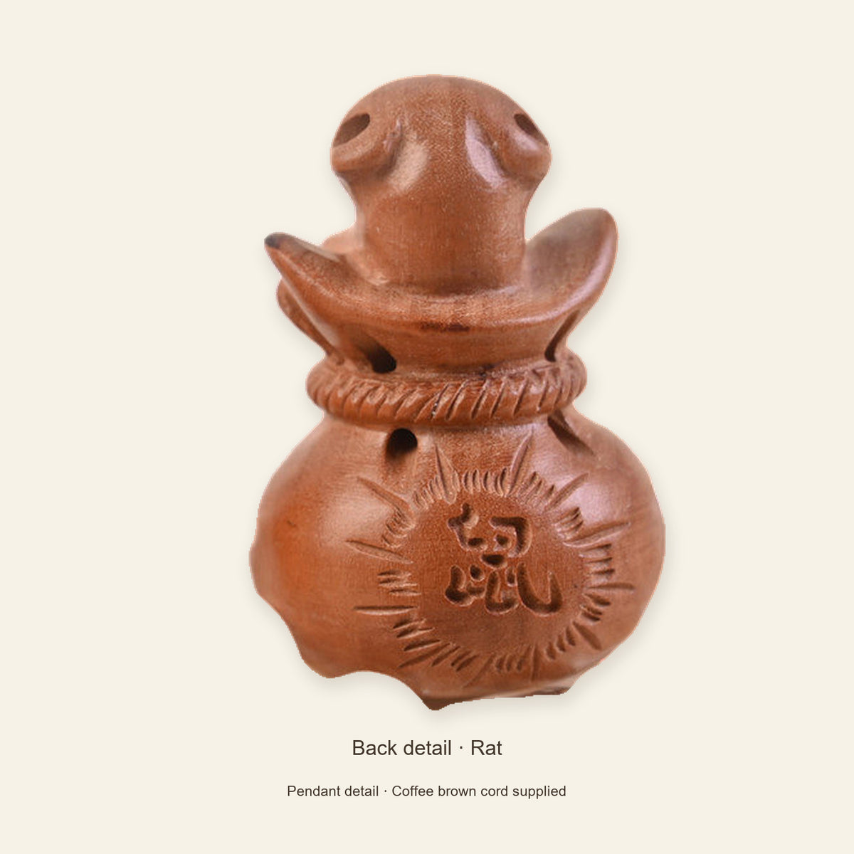 Peach Wood Zodiac Fortune Bag Necklace — Rat / Coffee brown, detail view #zodiac_rat