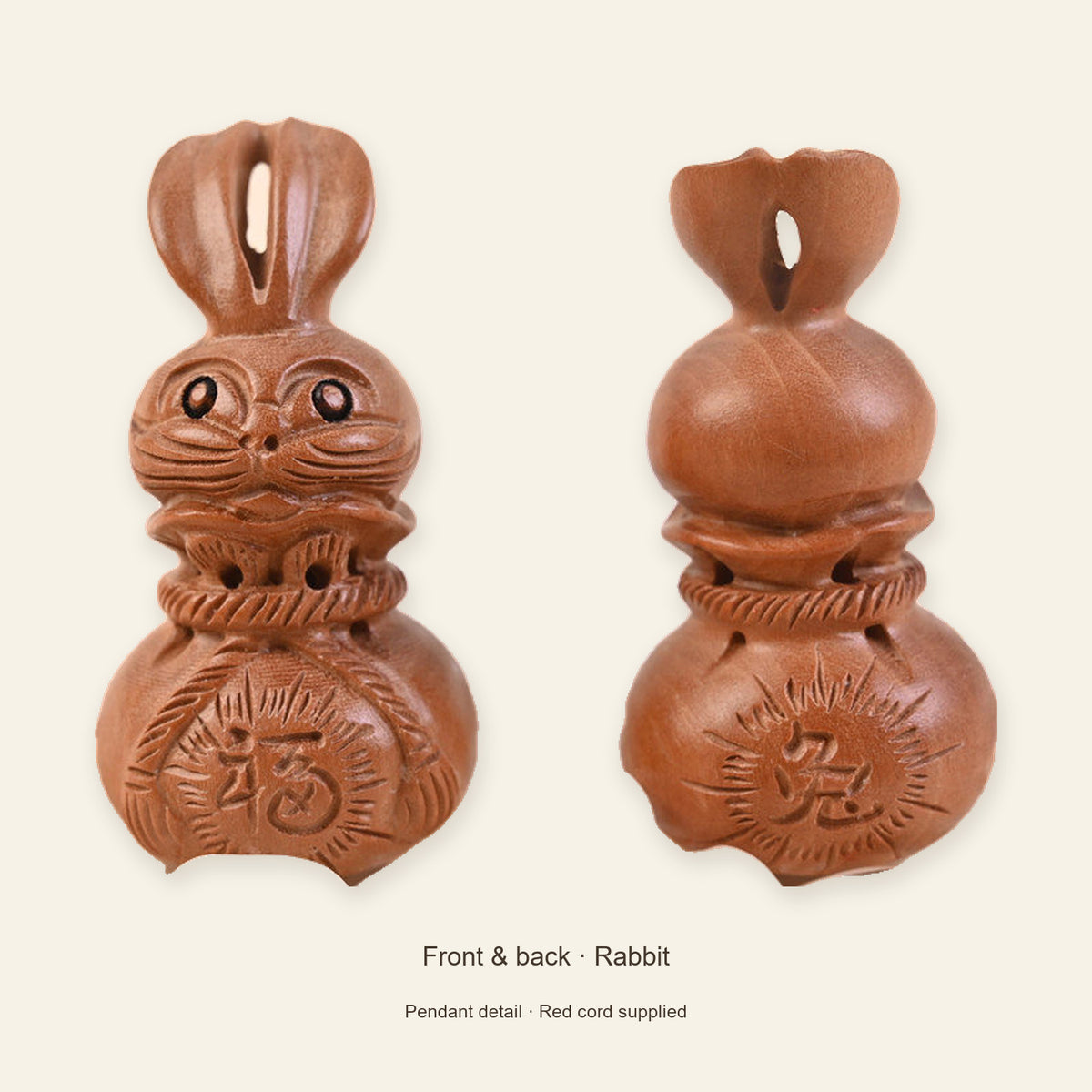 Peach Wood Zodiac Fortune Bag Necklace — Rabbit / Red, design and material view #zodiac_rabbit