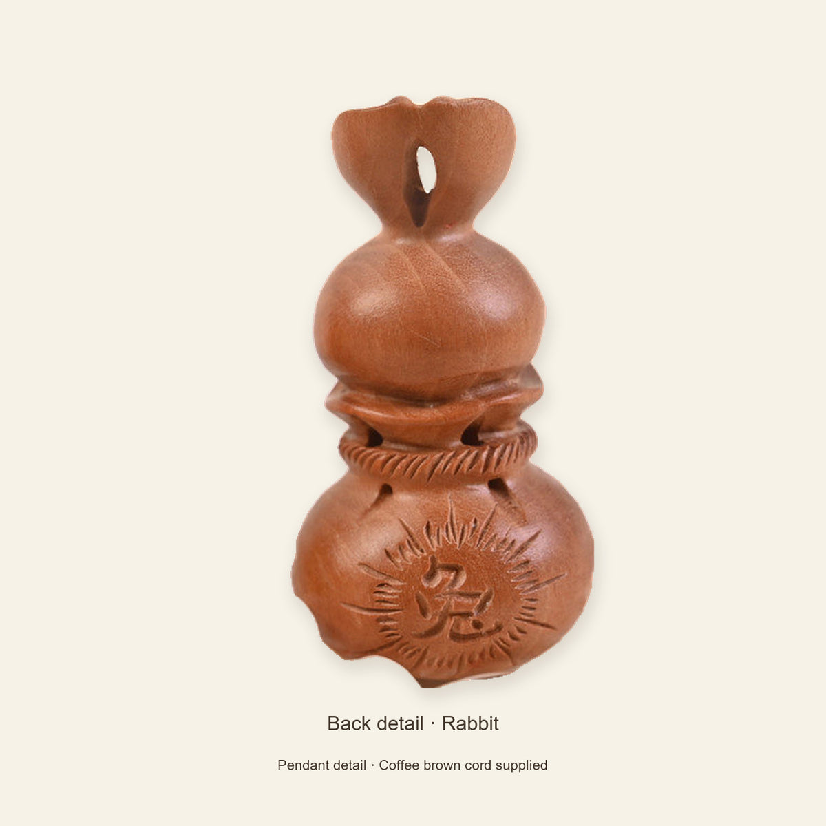 Peach Wood Zodiac Fortune Bag Necklace — Rabbit / Coffee brown, detail view #zodiac_rabbit