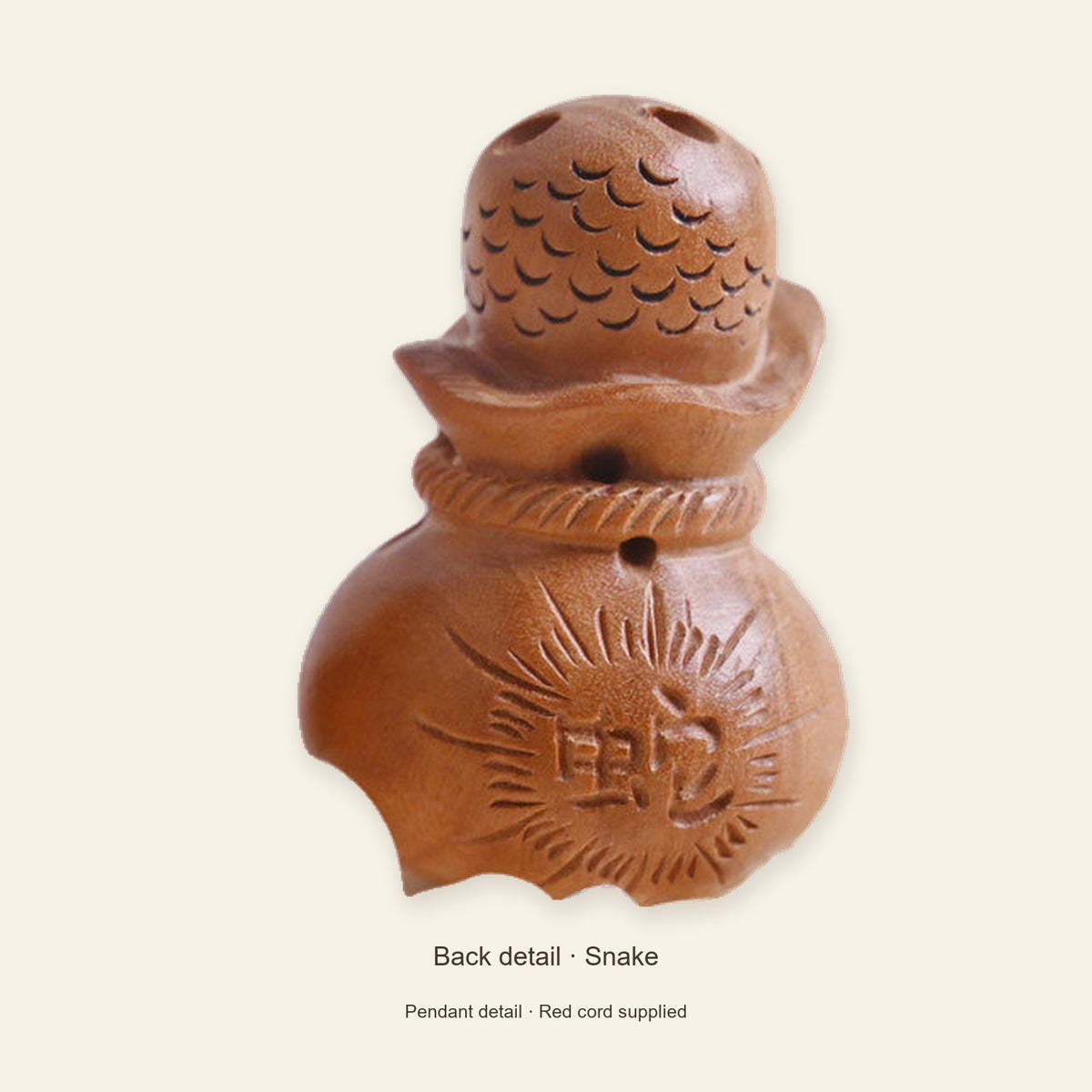 Peach Wood Zodiac Fortune Bag Necklace — Snake / Red, detail view #zodiac_snake