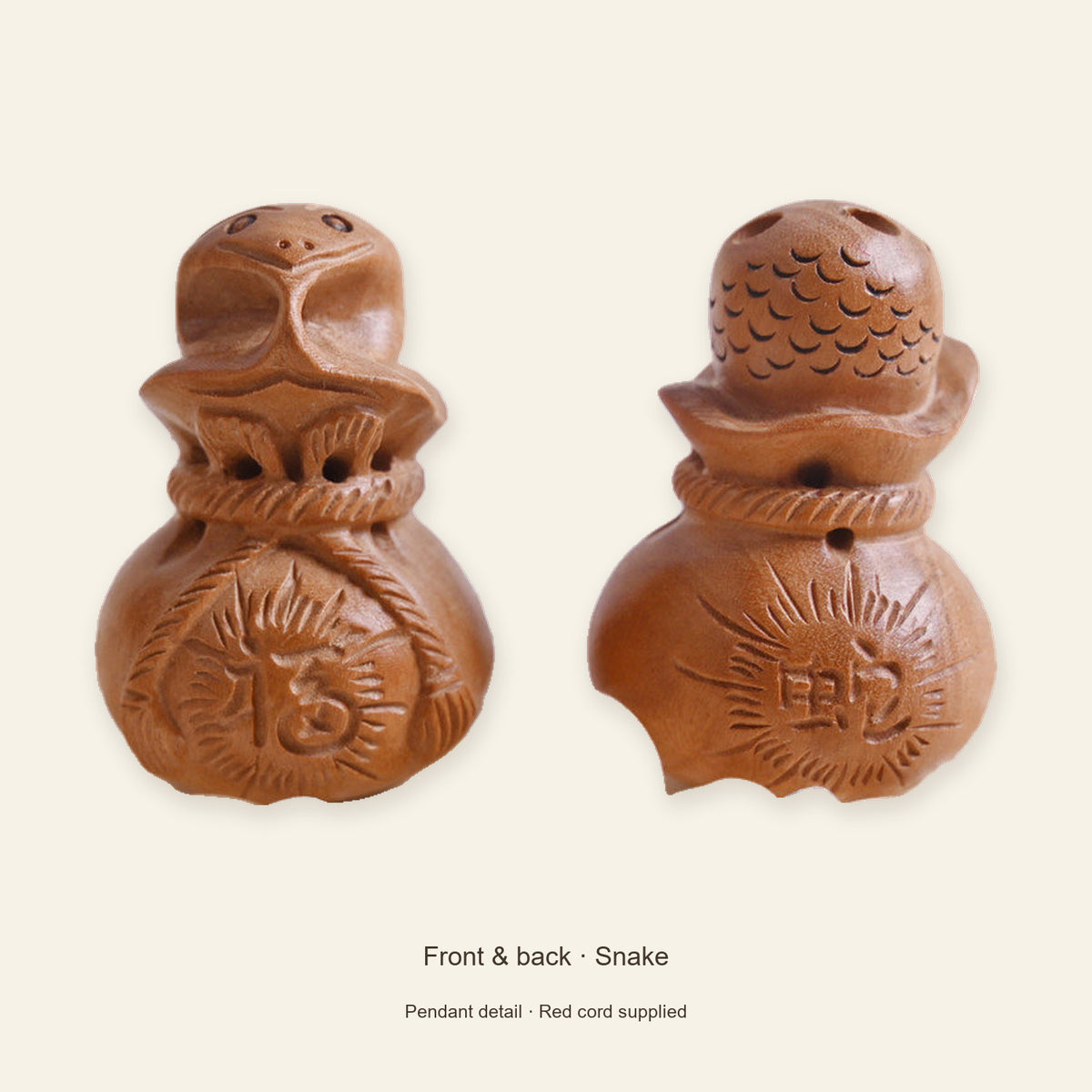 Peach Wood Zodiac Fortune Bag Necklace — Snake / Red, design and material view #zodiac_snake