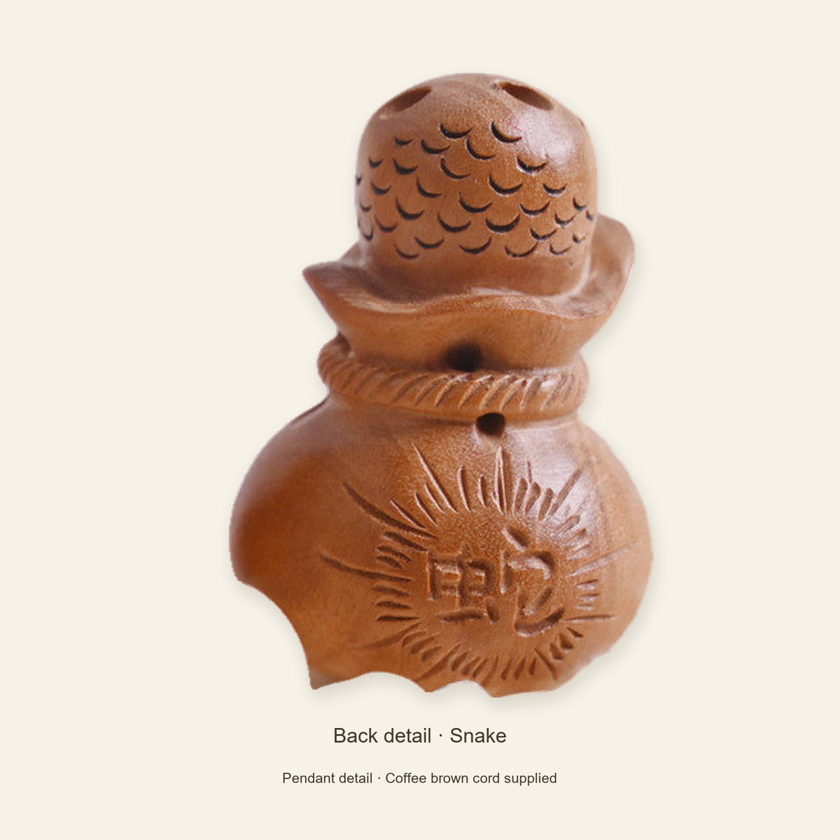 Peach Wood Zodiac Fortune Bag Necklace — Snake / Coffee brown, detail view #zodiac_snake